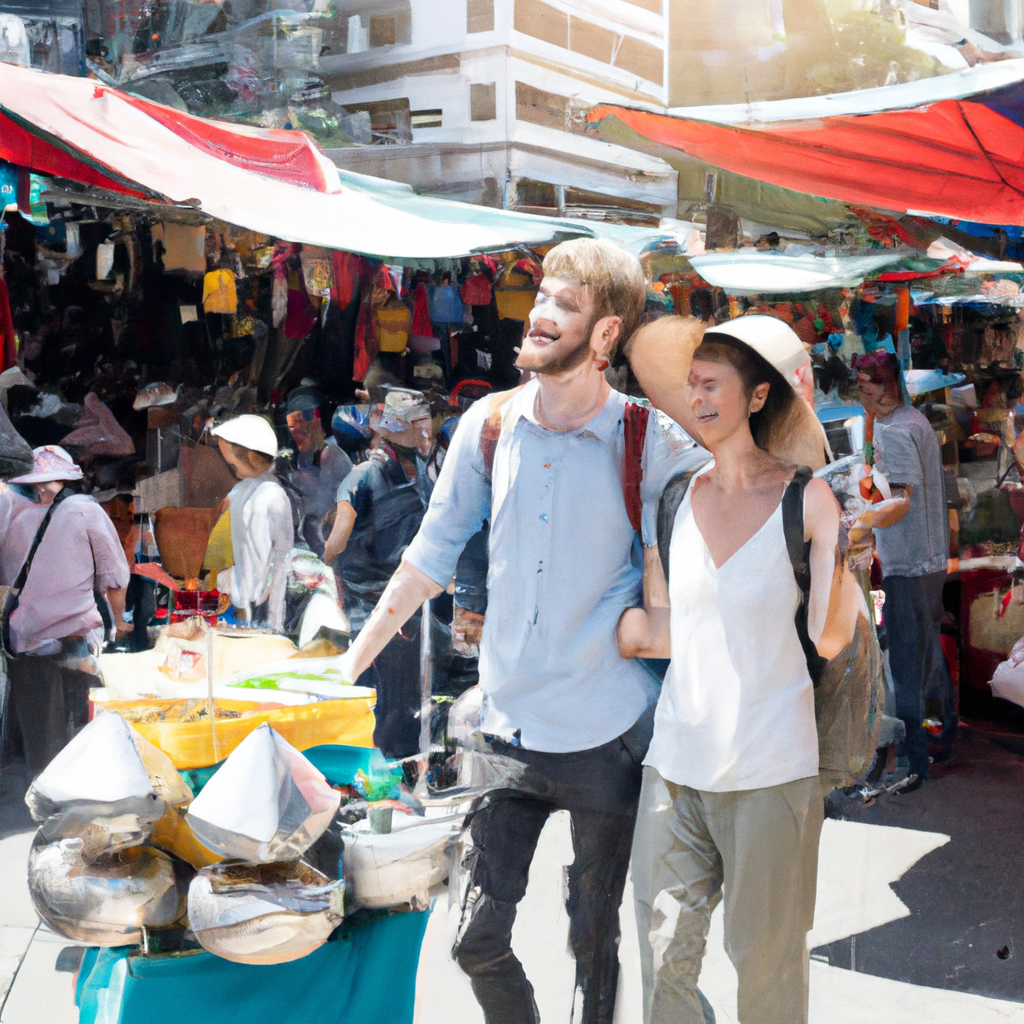 Two travelers laughing at a street market stall